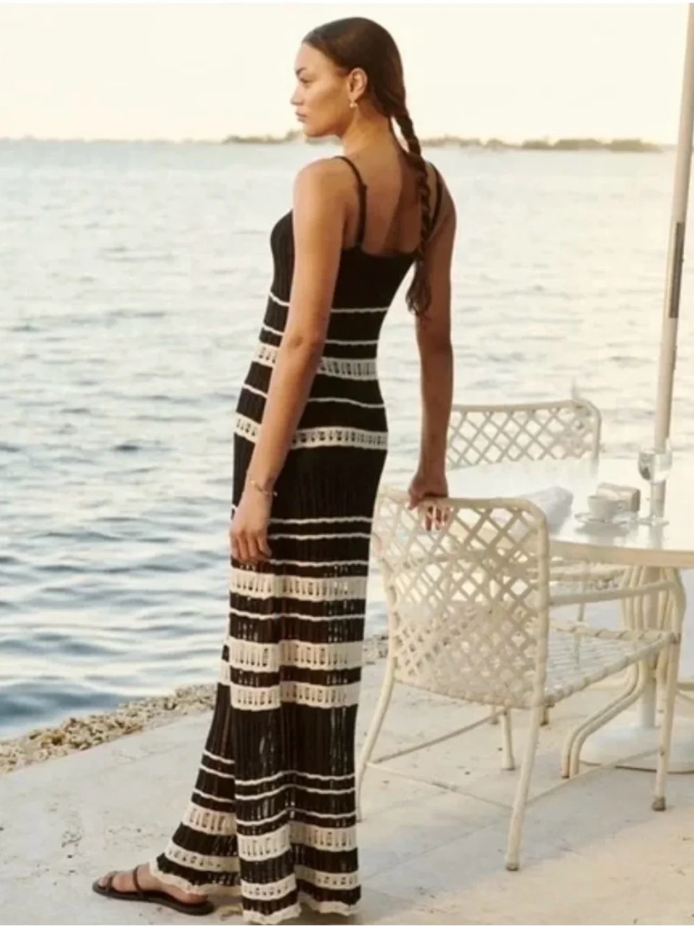 Abercrombie & Fitch Crochet Style Maxi Dress sz Medium Tall Black White